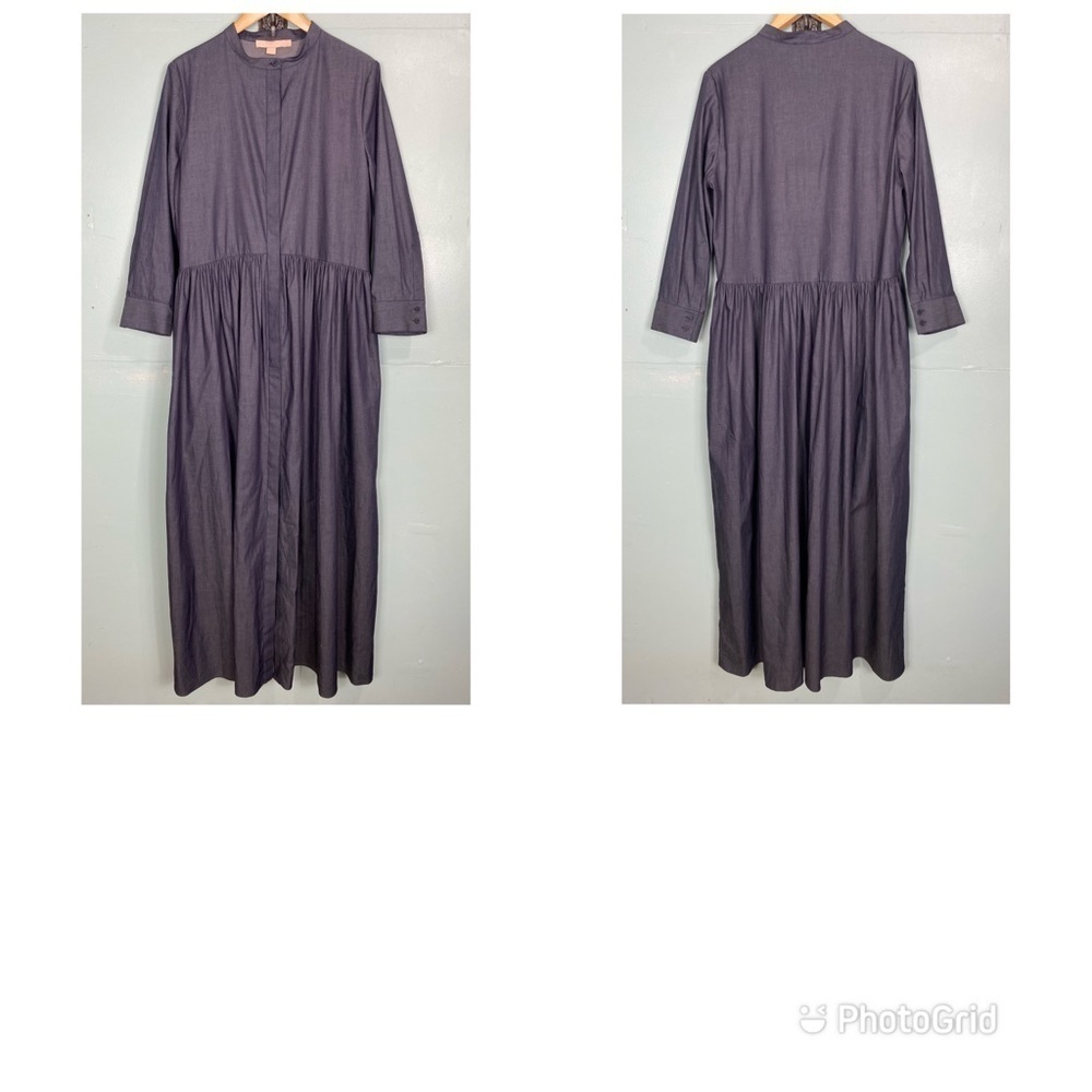 Brock Collection Blue 3/4 Sleeve Button Down‎ Mock Neck Dress Sz 14